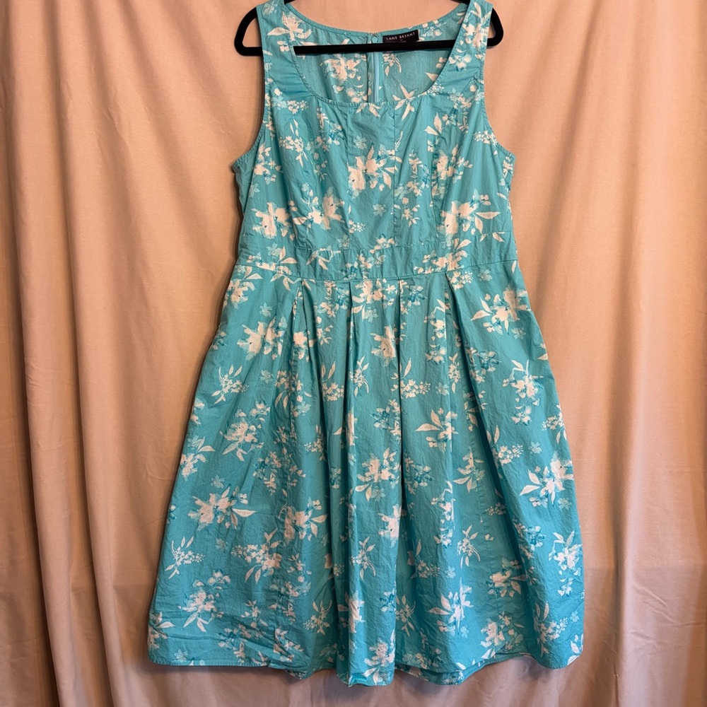Lane Bryant 18 Turquoise and White 100% Cotton Pleated Sleeveless Floral Dress